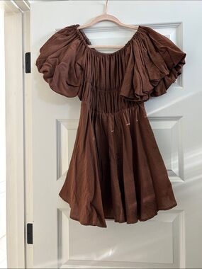 Brown Puff-Sleeve Dress